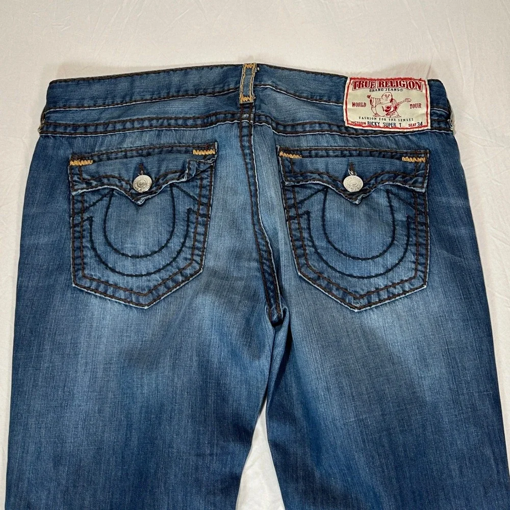 VTG True Religion Ricky Super T Made in USA Mens Blue Straight Leg Jeans Size 42